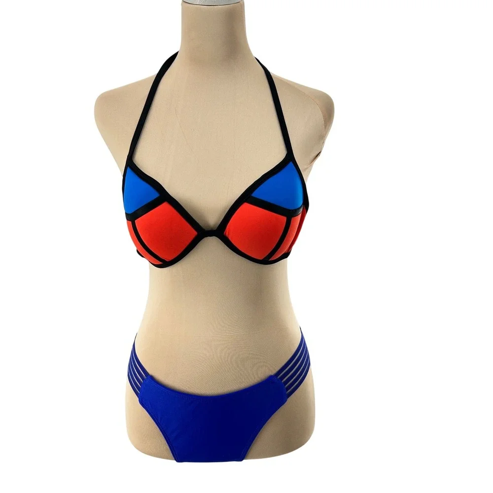 Asa‎ Delta Womens Colorblock Bikini Set Blue Red Mesh Side Bottoms Size GG NEW